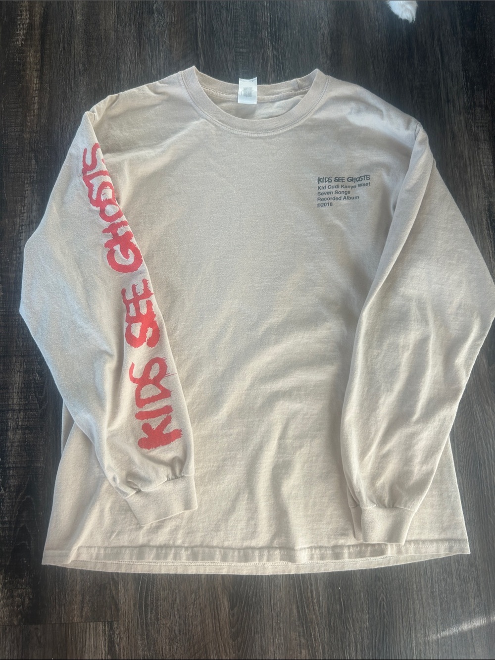 Kids See Ghosts Long-Sleeve Tee in Light Cream with Red Sleeve Graphic